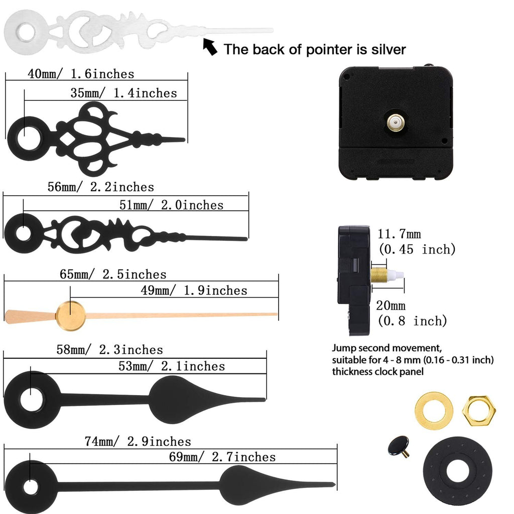 Clock movement mechanism kit with various sized hands, showing dimensions and components like the movement, washers, and nut.