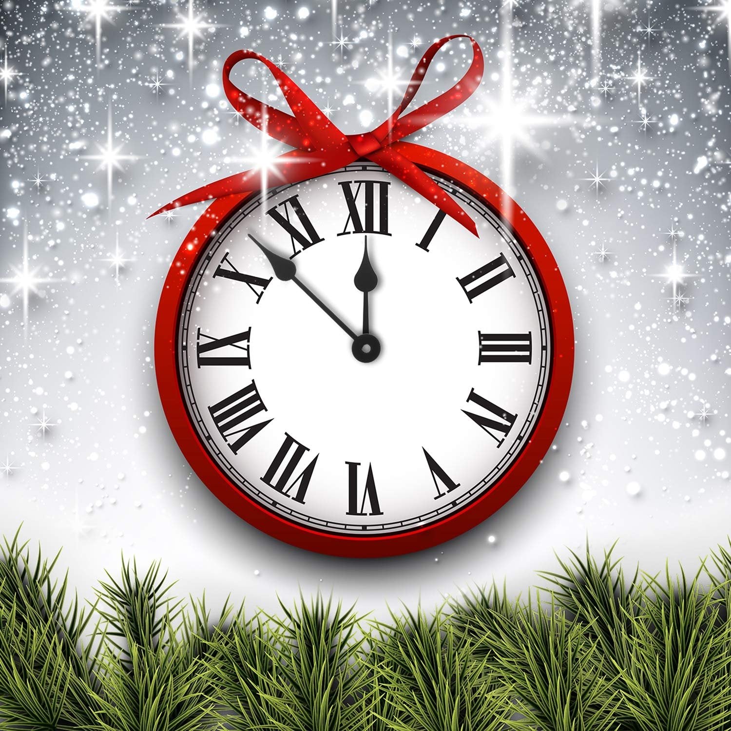 Red clock face with Roman numerals and black hands, tied with a red ribbon, set against a snowy, sparkling background with pine branches below.