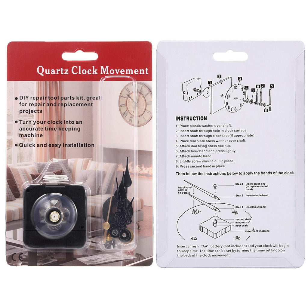 Quartz clock movement DIY replacement kit with clock mechanism and two sets of hands on packaging.