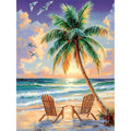 Beach scene with palm tree, two Adirondack chairs, and ocean waves at sunset