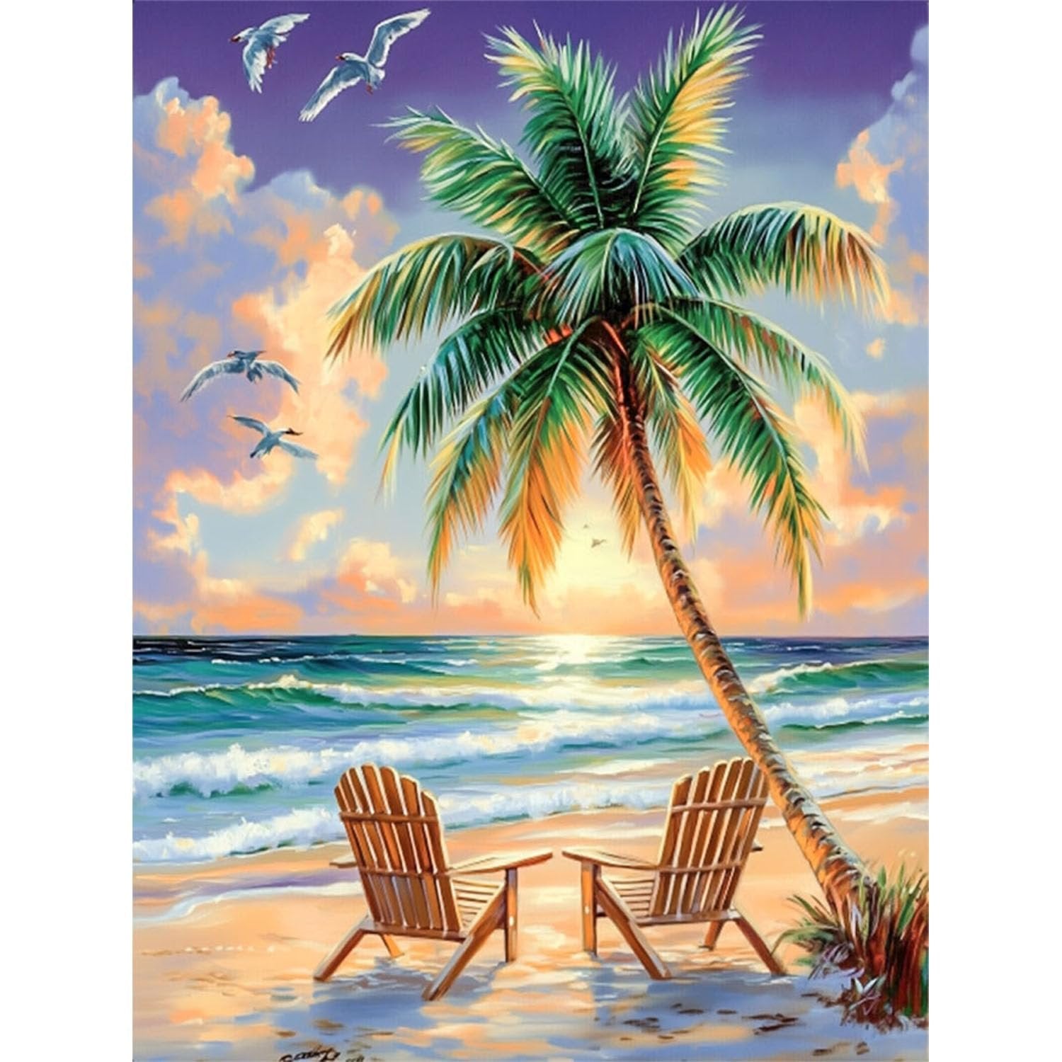 Beach scene with palm tree, two Adirondack chairs, and ocean waves at sunset