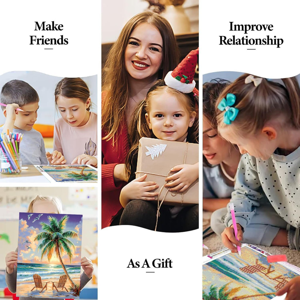 Collage of people doing diamond painting kits, including children and adults, with text overlays about making friends, improving relationships, and gifting.
