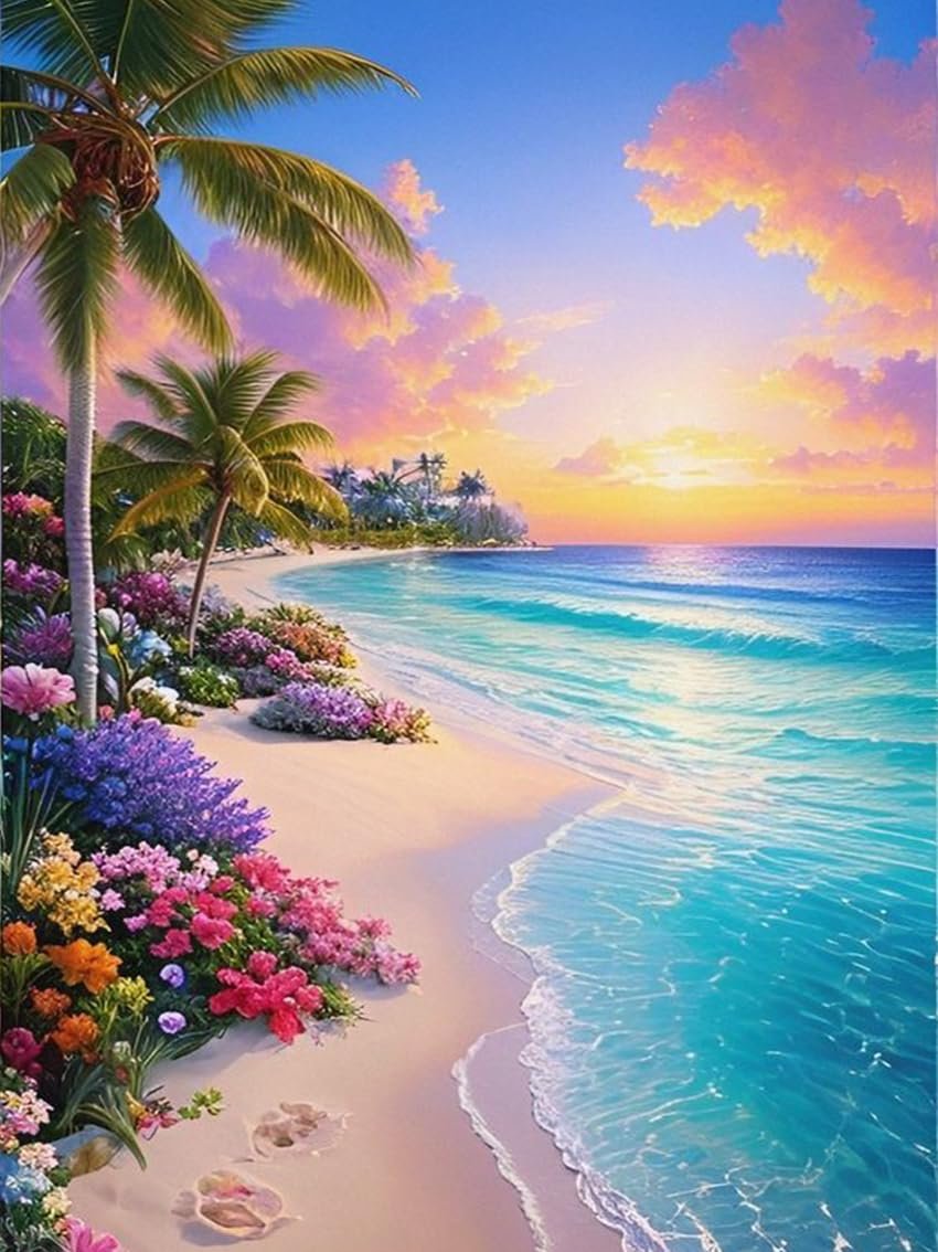 Tropical beach at sunset with palm trees, colorful flowers, and turquoise ocean waves.