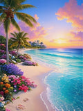 Tropical beach at sunset with palm trees, colorful flowers, and turquoise ocean waves.