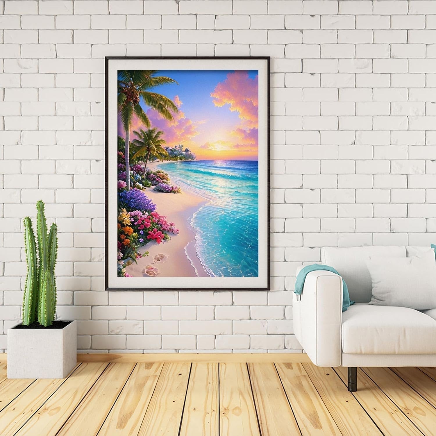 Framed diamond art kit depicting a tropical beach sunset with palm trees, flowers, and ocean waves.