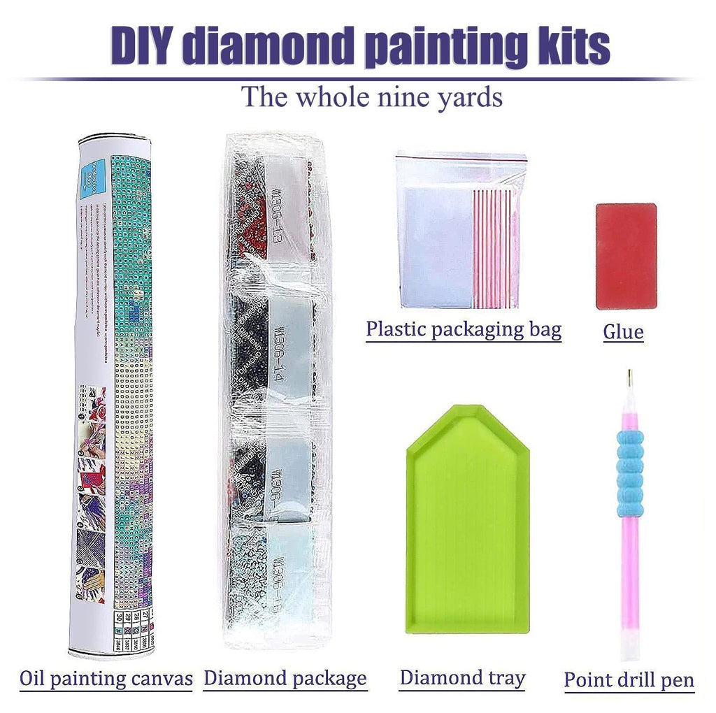 Diamond painting kit contents laid out: rolled canvas, bagged diamond packs, plastic bag, glue, diamond tray, and drill pen.