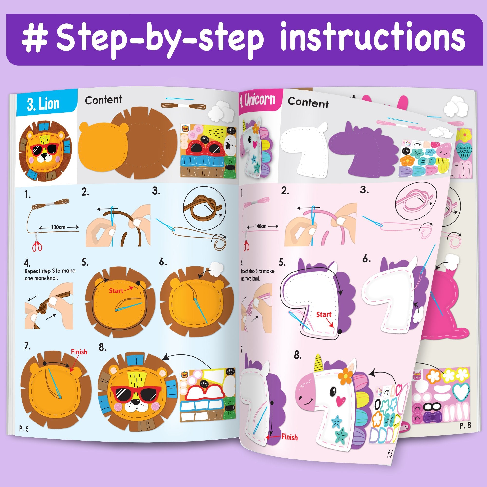 Felt sewing kit instructions showing steps to create a lion and a unicorn with included craft supplies.