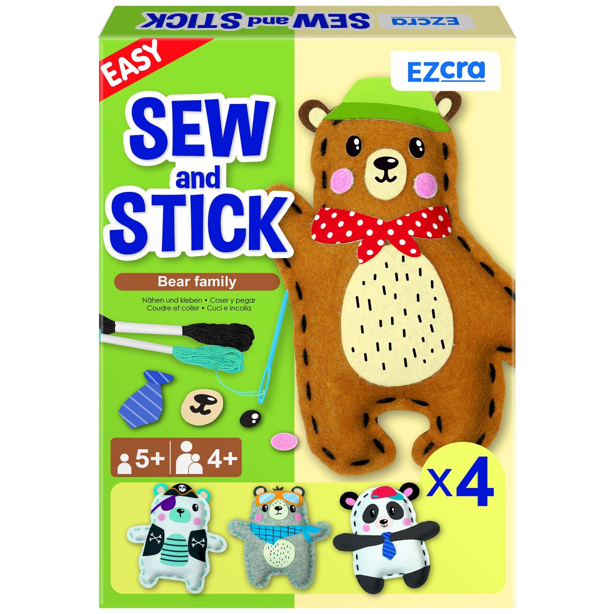 Box for a bear and animal sewing kit for kids, showing a large bear plush and three smaller animal plush toys.