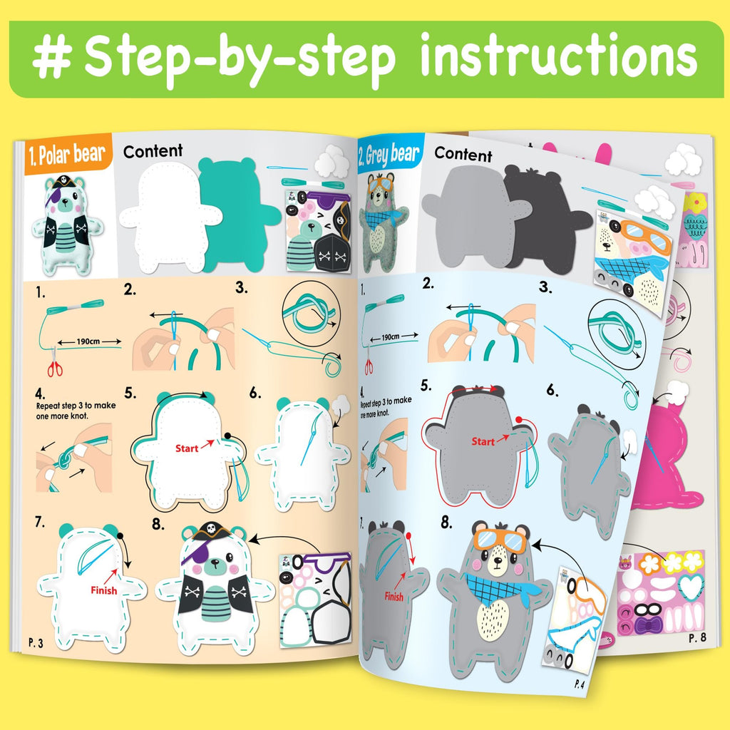 Sewing kit instructions showing step-by-step guides for creating polar bear and grey bear crafts with felt pieces and needles.