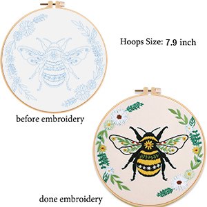 Embroidery kit comparison showing a bee design before and after embroidery, with text labels and hoop size.