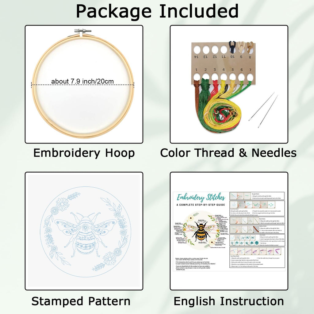 Embroidery kit contents: hoop, colored threads, needles, stamped pattern, and stitch guide.