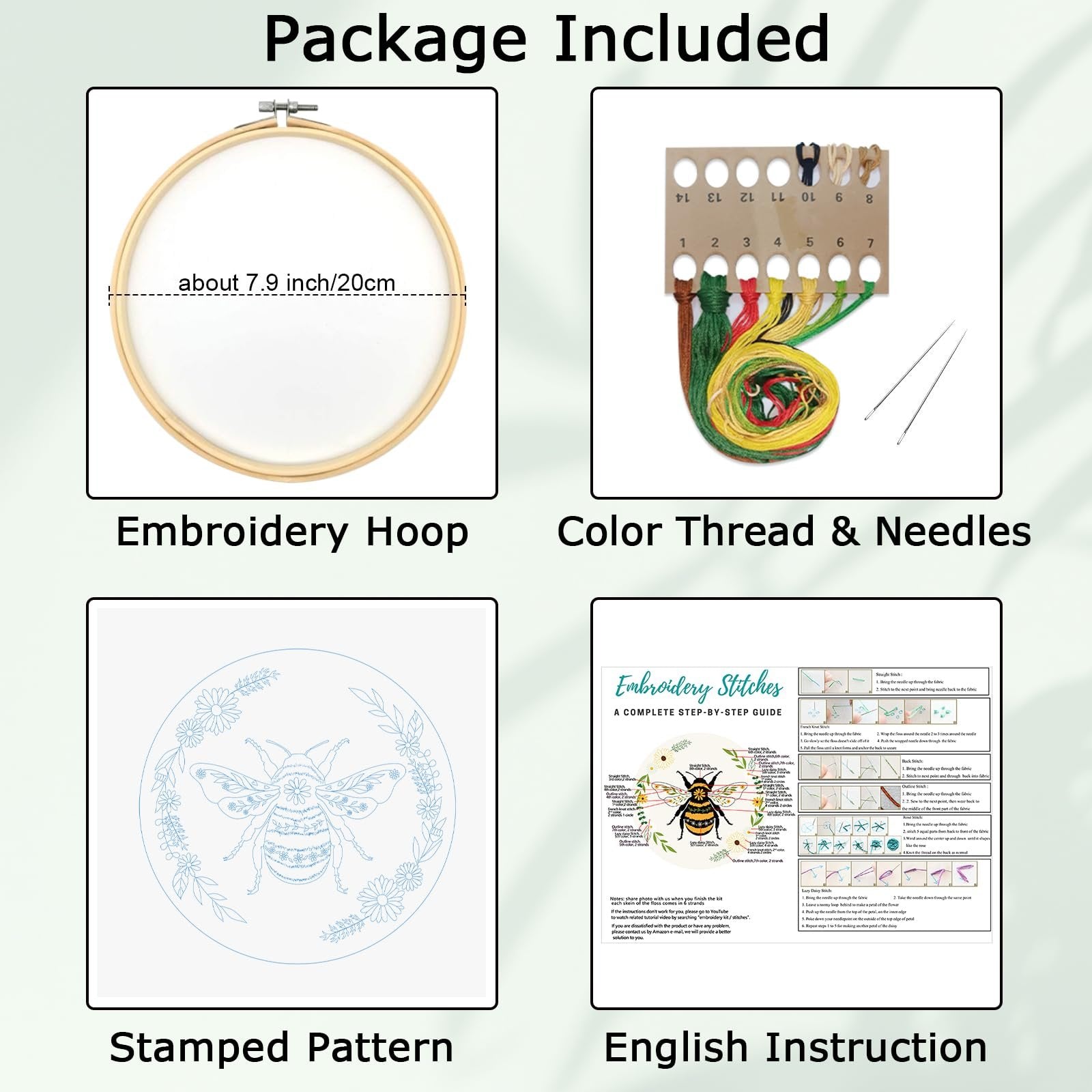 Embroidery kit contents: hoop, colored threads, needles, stamped pattern, and stitch guide.