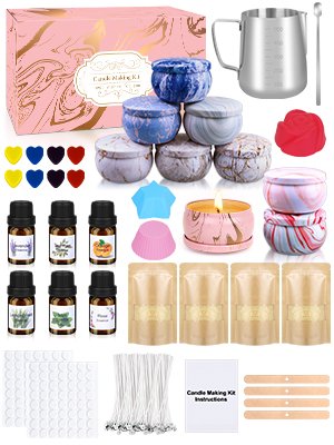 Candle making kit contents including wax, oils, dyes, tins, molds, melting pot, wicks, and instructions.