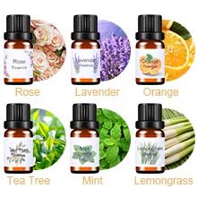 Six small amber bottles of essential oils with floral and fruit imagery, labeled Rose, Lavender, Orange, Tea Tree, Mint, and Lemongrass.