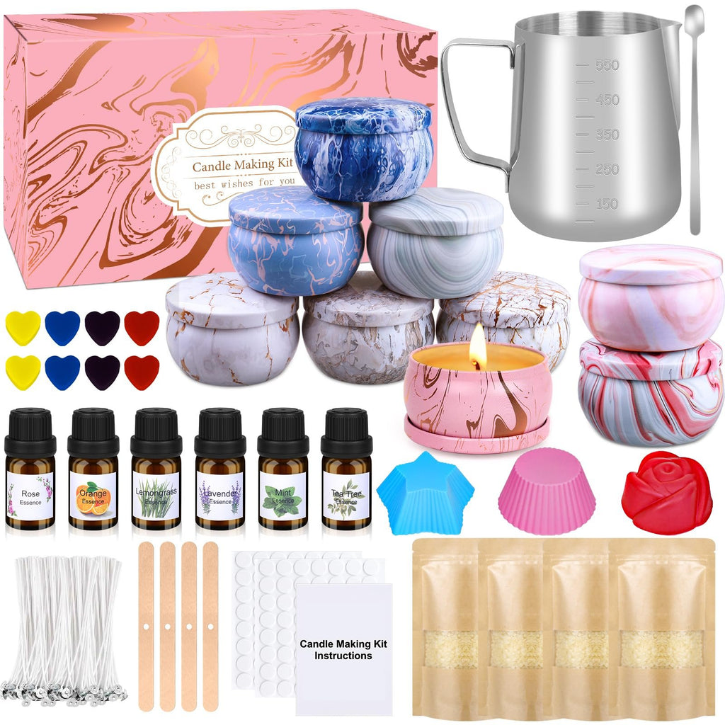 Candle making kit contents including tins, essential oils, wicks, melting pot, and instructions.