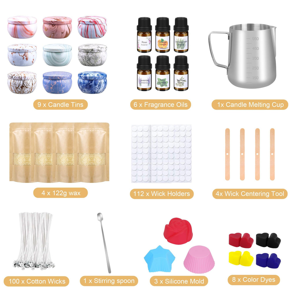 Beeswax candle making kit contents laid out: tins, fragrance oils, melting pot, wax, wick holders, centering tools, wicks, spoon, molds, and dyes.