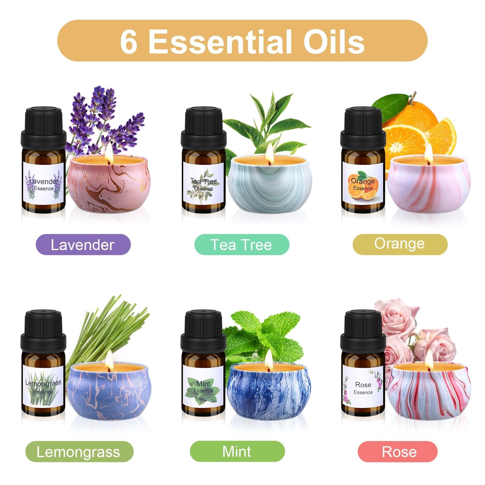 Six essential oil bottles with corresponding floral or herbal imagery and decorative candle tins, labeled Lavender, Tea Tree, Orange, Lemongrass, Mint, and Rose.