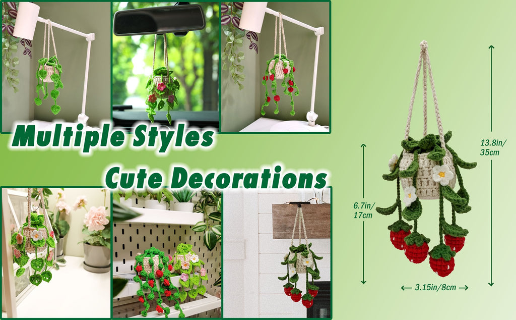 Crocheted hanging plant decorations with strawberries and flowers, shown in various settings and with dimensions.