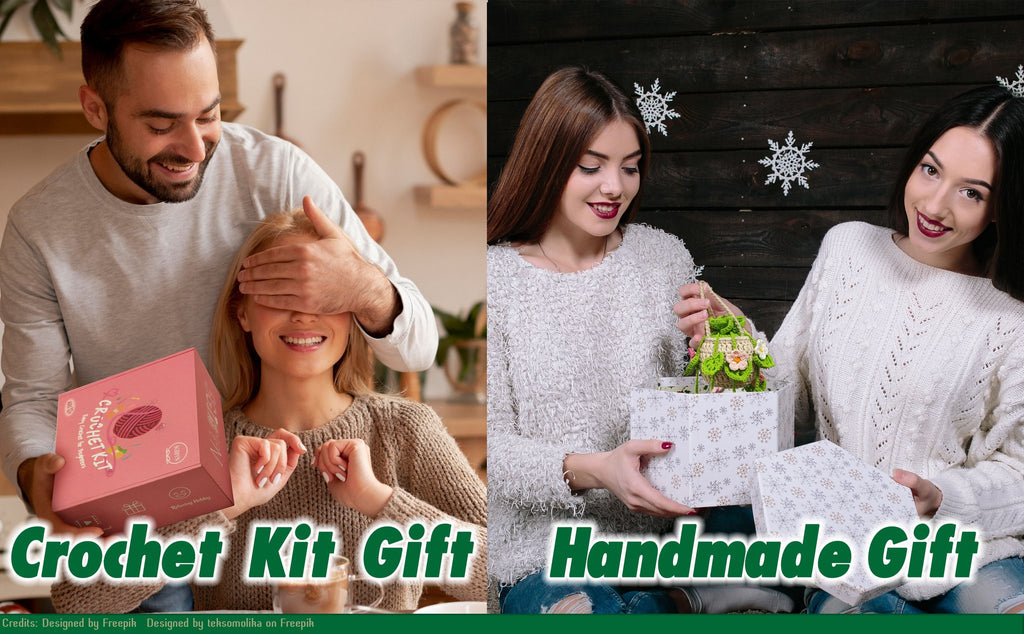 Man surprising woman with a pink crochet kit box; woman opening a gift box with a handmade item.