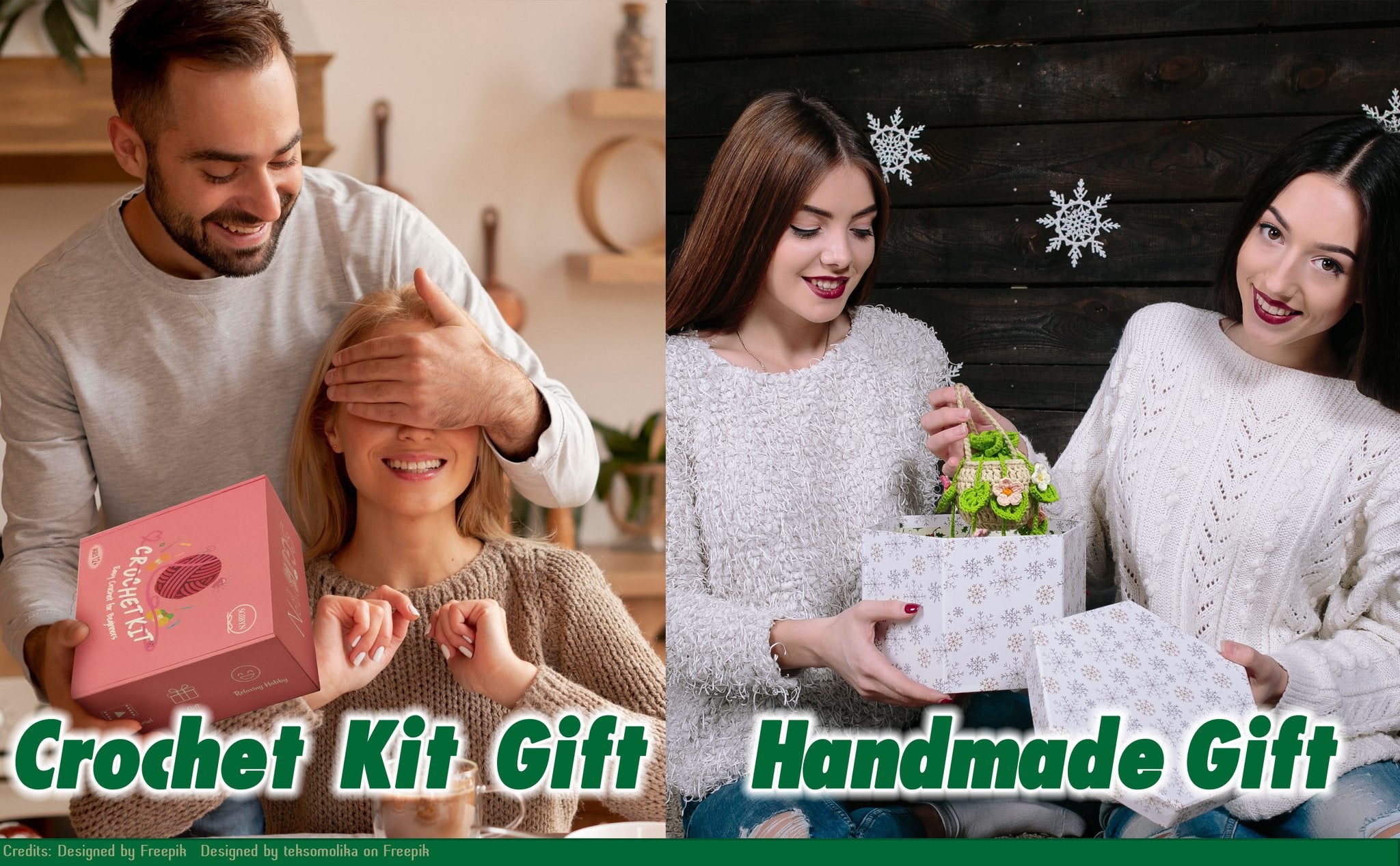 Man surprising woman with a pink crochet kit box; woman opening a gift box with a handmade item.