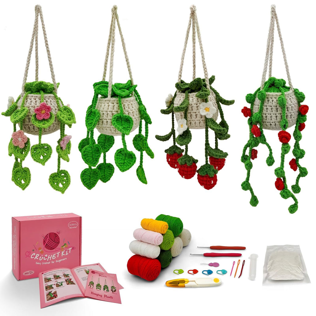 Four crocheted hanging succulent plant holders and crochet kit contents including yarn, hooks, and instructions.