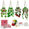 Four crocheted hanging succulent plant holders and crochet kit contents including yarn, hooks, and instructions.