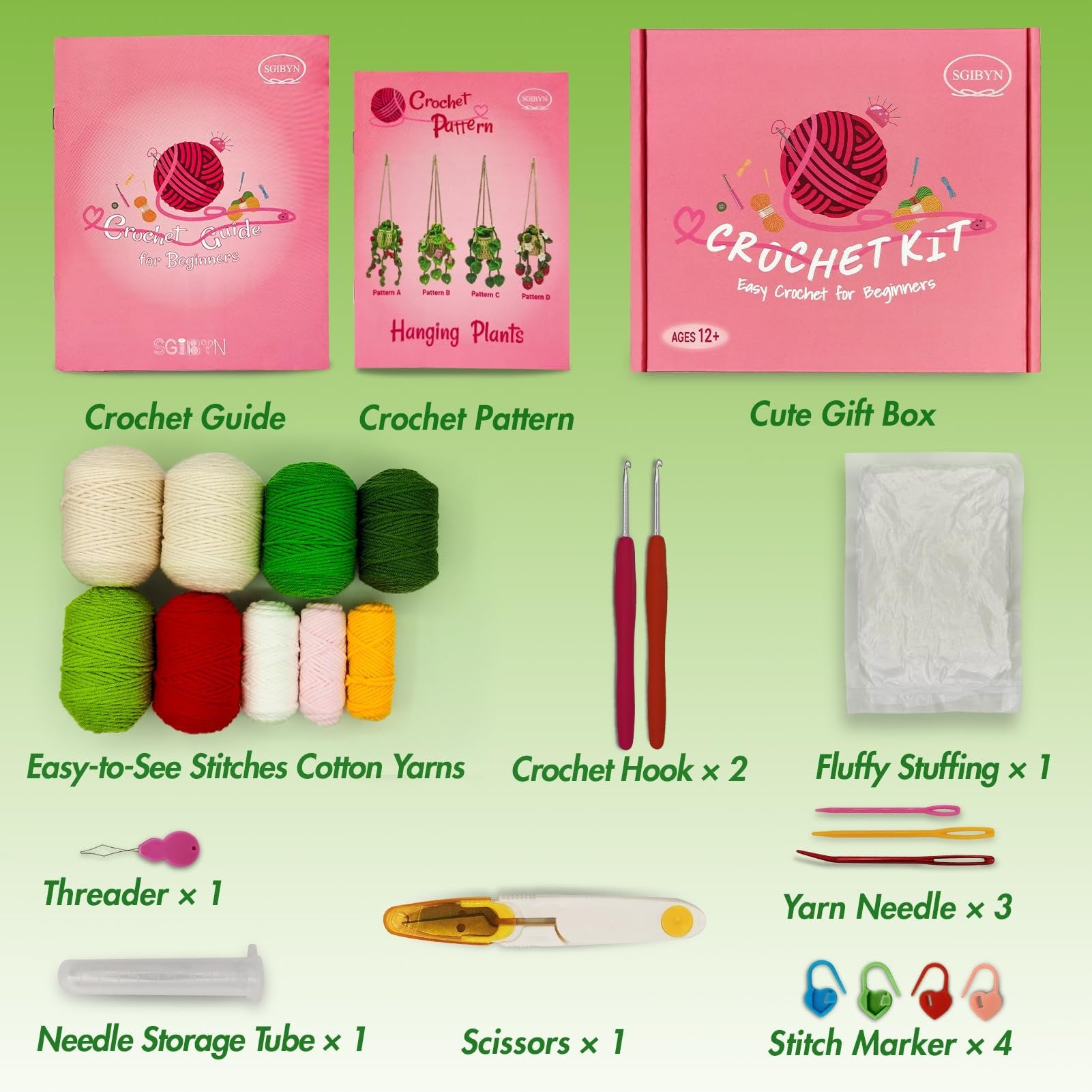 Beginner crochet kit contents laid out, including yarn, hooks, needles, threader, scissors, stuffing, and storage tube.