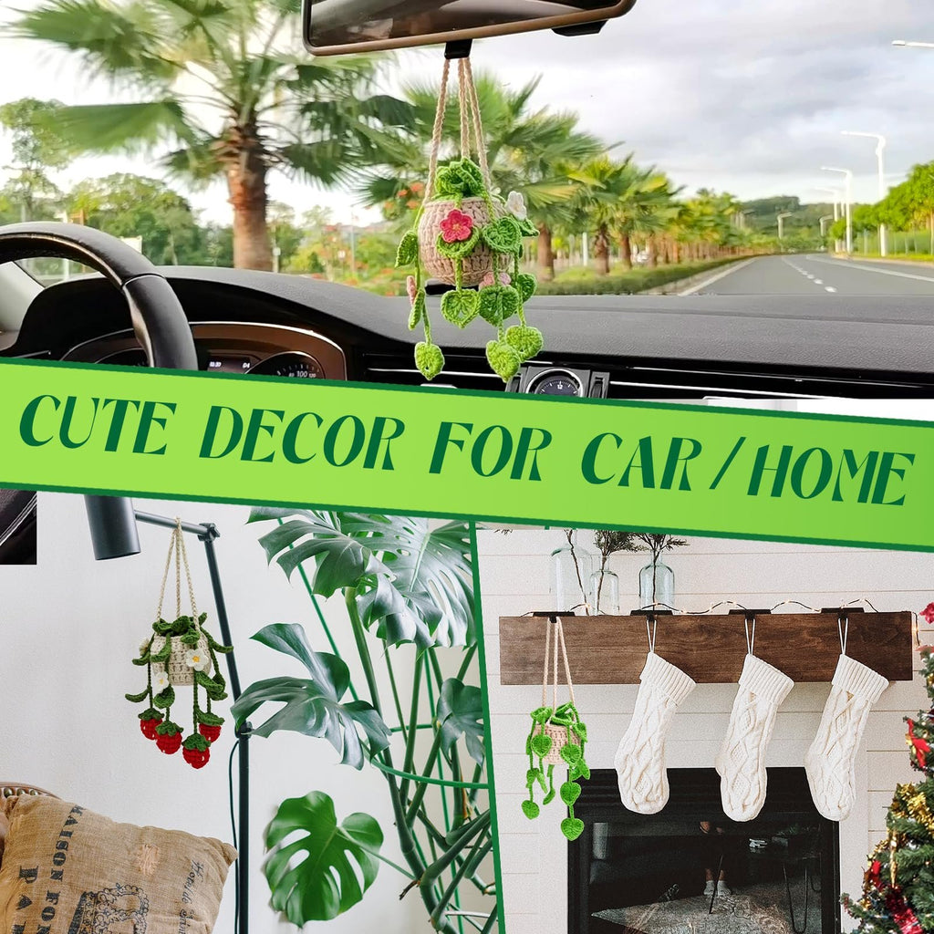 Crocheted hanging plant decor shown in car, next to a Monstera plant, and on a mantelpiece with Christmas stockings.