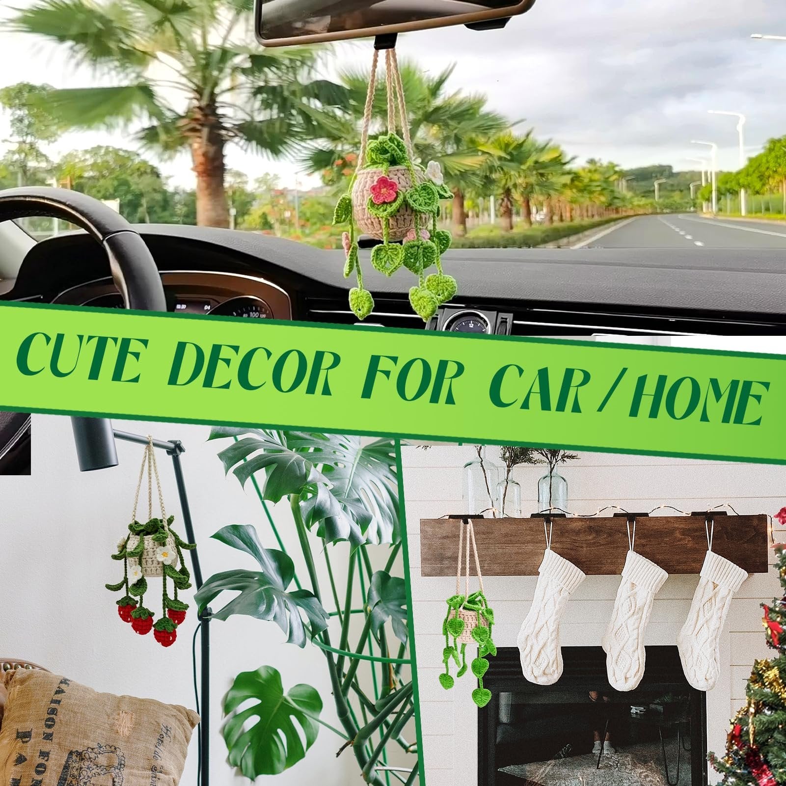Crocheted hanging plant decor shown in car, next to a Monstera plant, and on a mantelpiece with Christmas stockings.