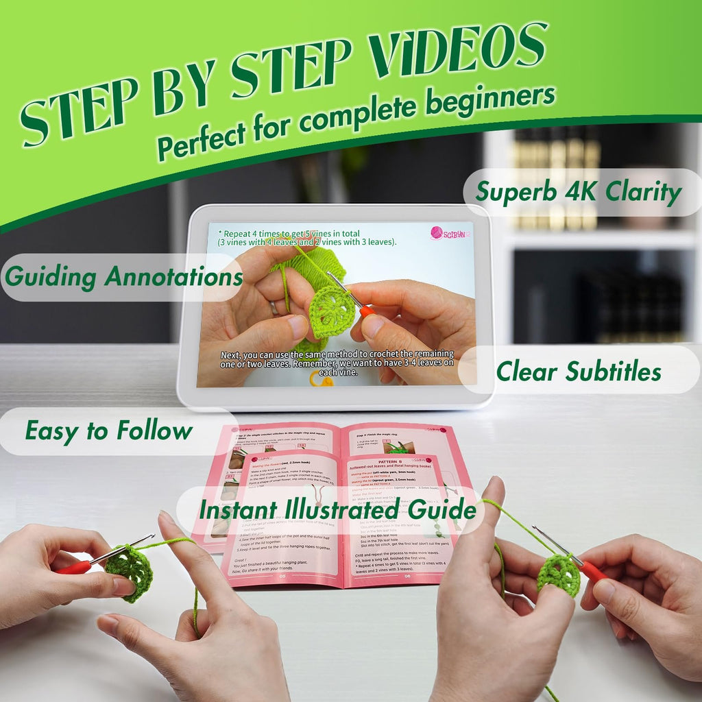 Crochet kit instructions shown on a tablet and in a booklet, with hands demonstrating the process.