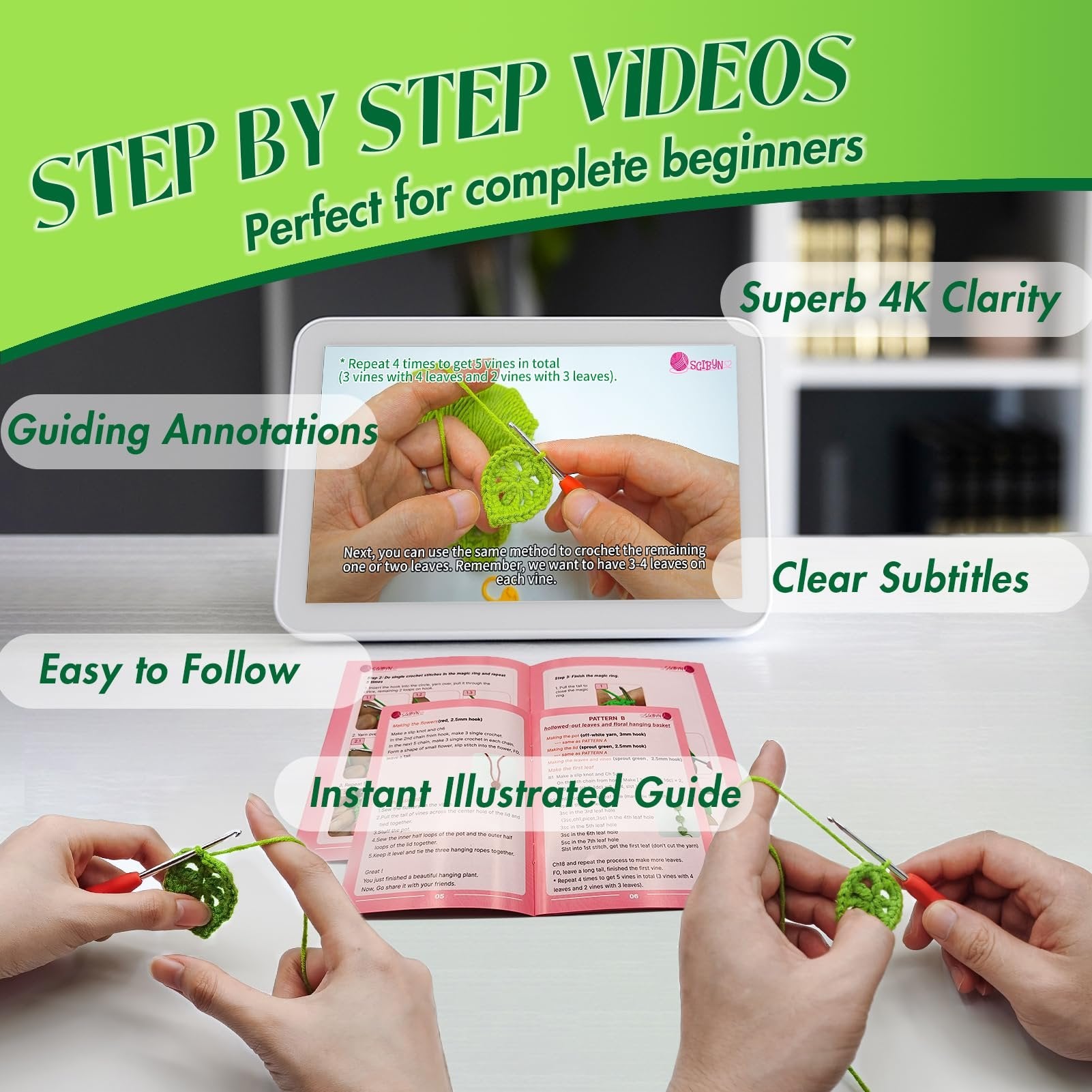 Crochet kit instructions shown on a tablet and in a booklet, with hands demonstrating the process.