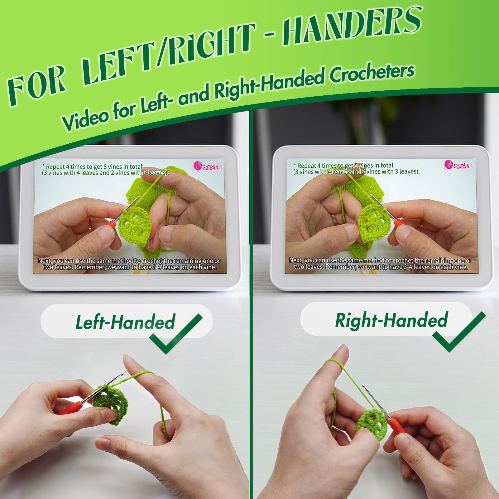 Crochet tutorial showing left-handed and right-handed techniques for making succulent plant leaves, with close-ups of hands and yarn.