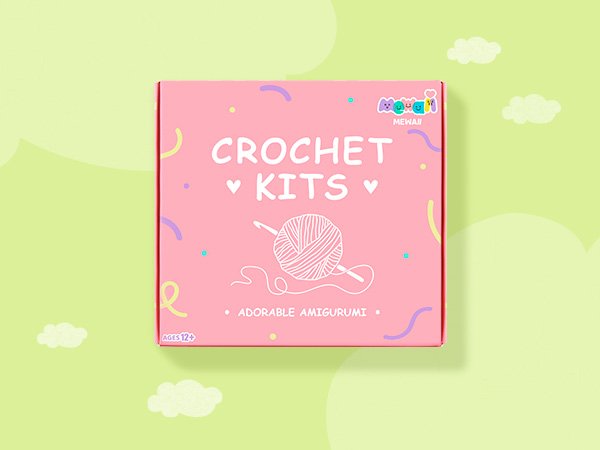 Pink crochet kit box with 'CROCHET KITS' and yarn illustration, featuring logo and 'AGES 12+' label.