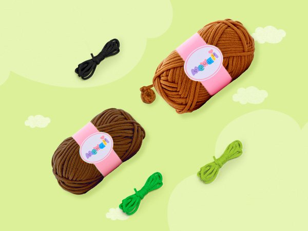 Two skeins of brown yarn and three bundles of green and black cord on a light green background with white cloud shapes.