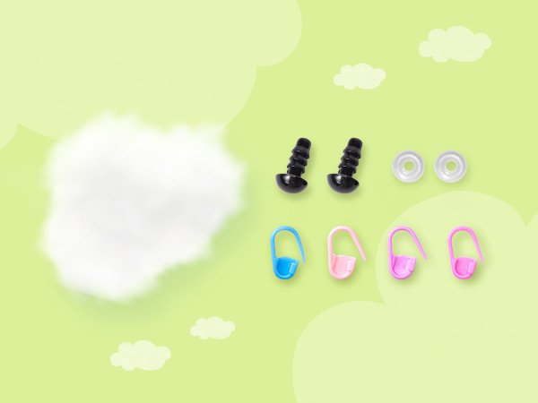 Crochet kit accessories including safety eyes, washers, and stitch markers on a light green background with clouds.