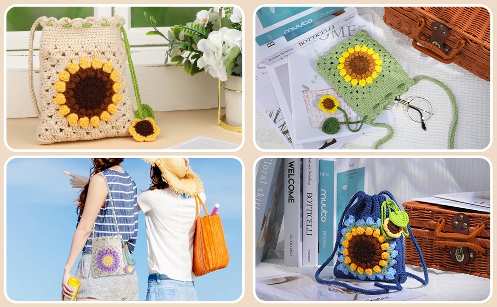Collage of crochet sunflower phone bags in different colors and settings, including lifestyle shots.