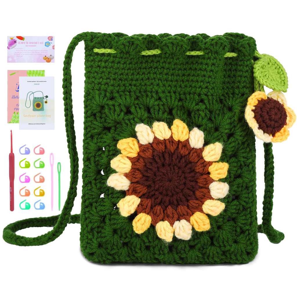 Crochet sunflower phone bag kit with yarn, hook, stitch markers, and instructions on a white background.
