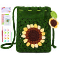 Crochet sunflower phone bag kit with yarn, hook, stitch markers, and instructions on a white background.