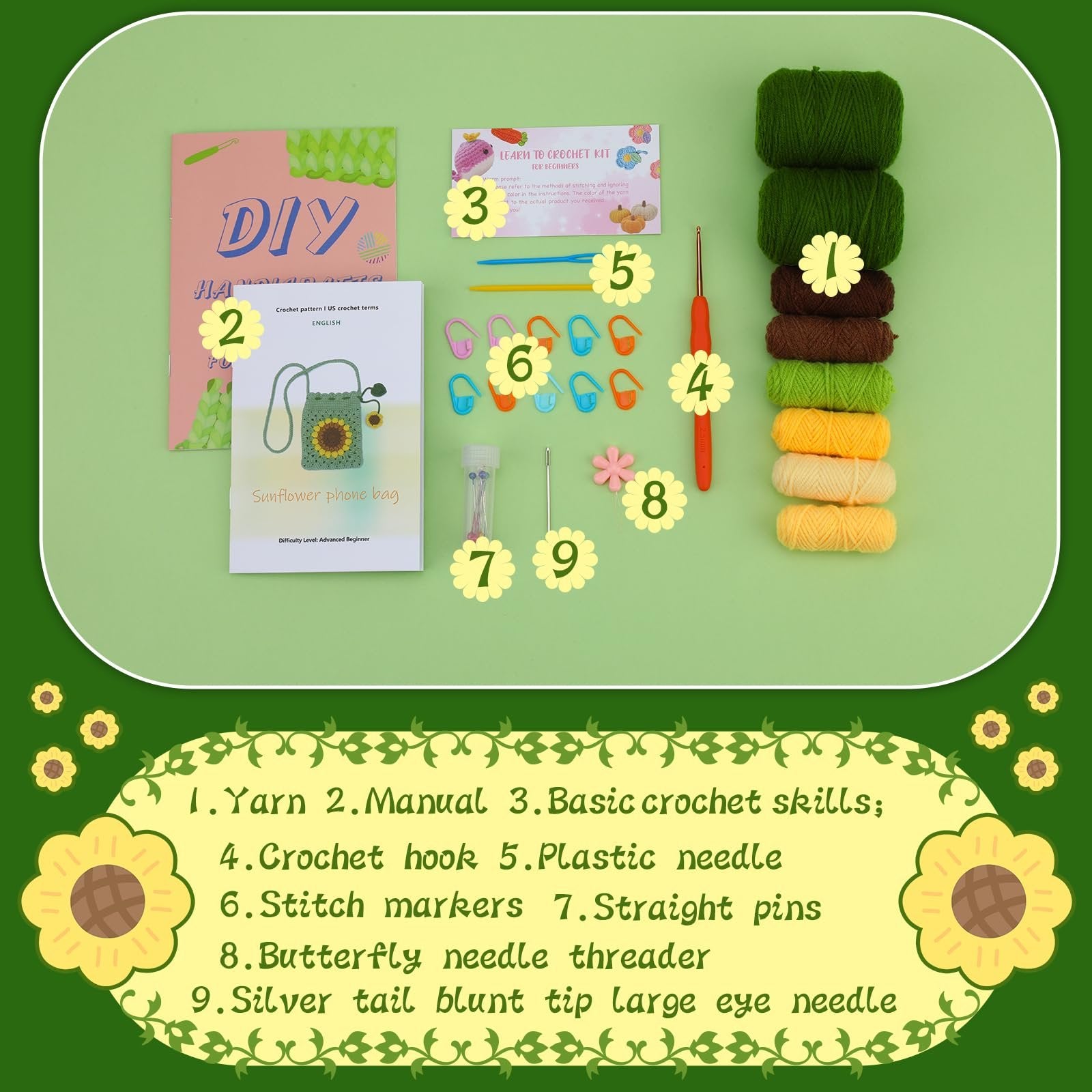 Crochet kit contents including yarn, manual, hook, needles, stitch markers, and pins, arranged on a light green background with numbered callouts.