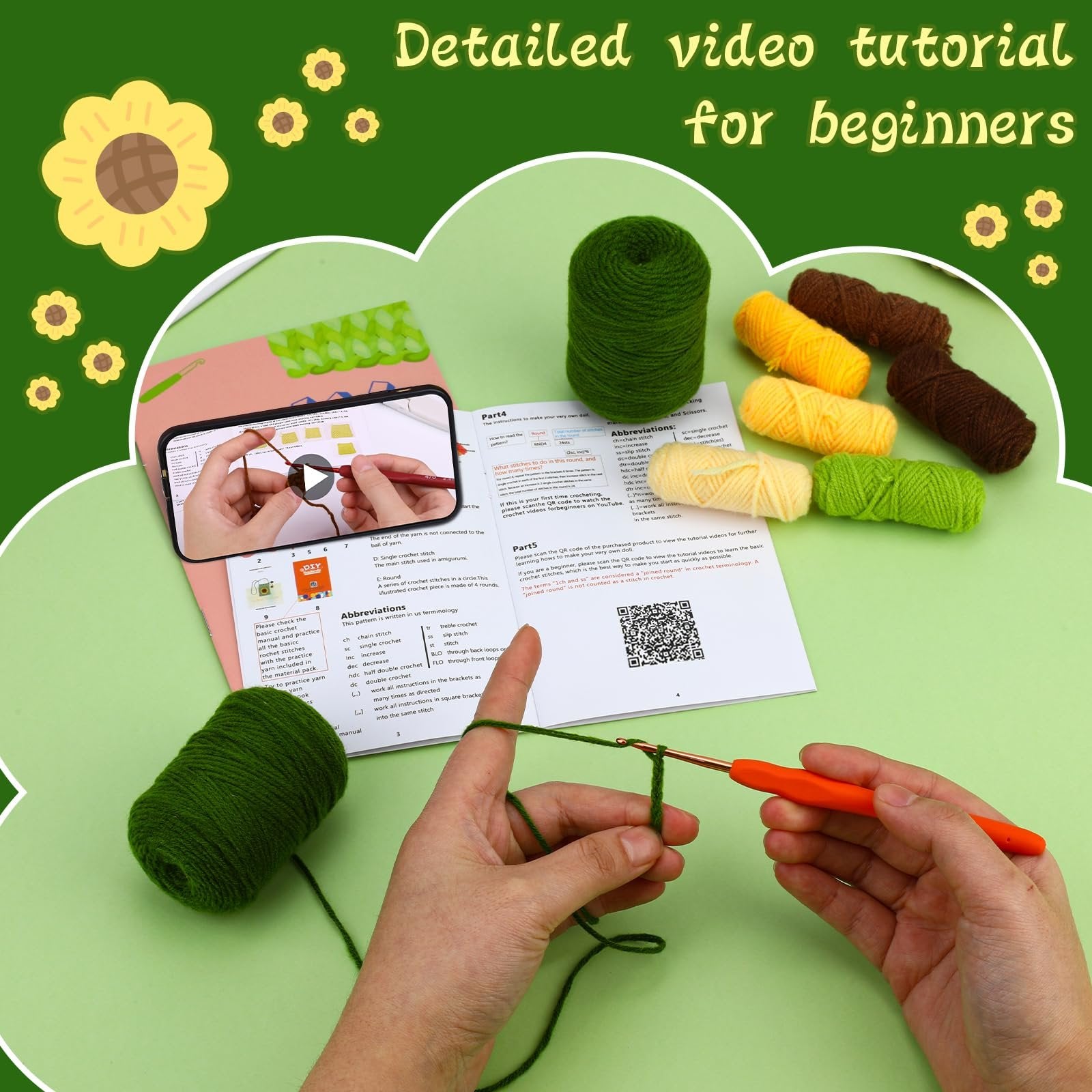Crochet kit contents including yarn balls, crochet hook, and instruction manual with video tutorial QR code.