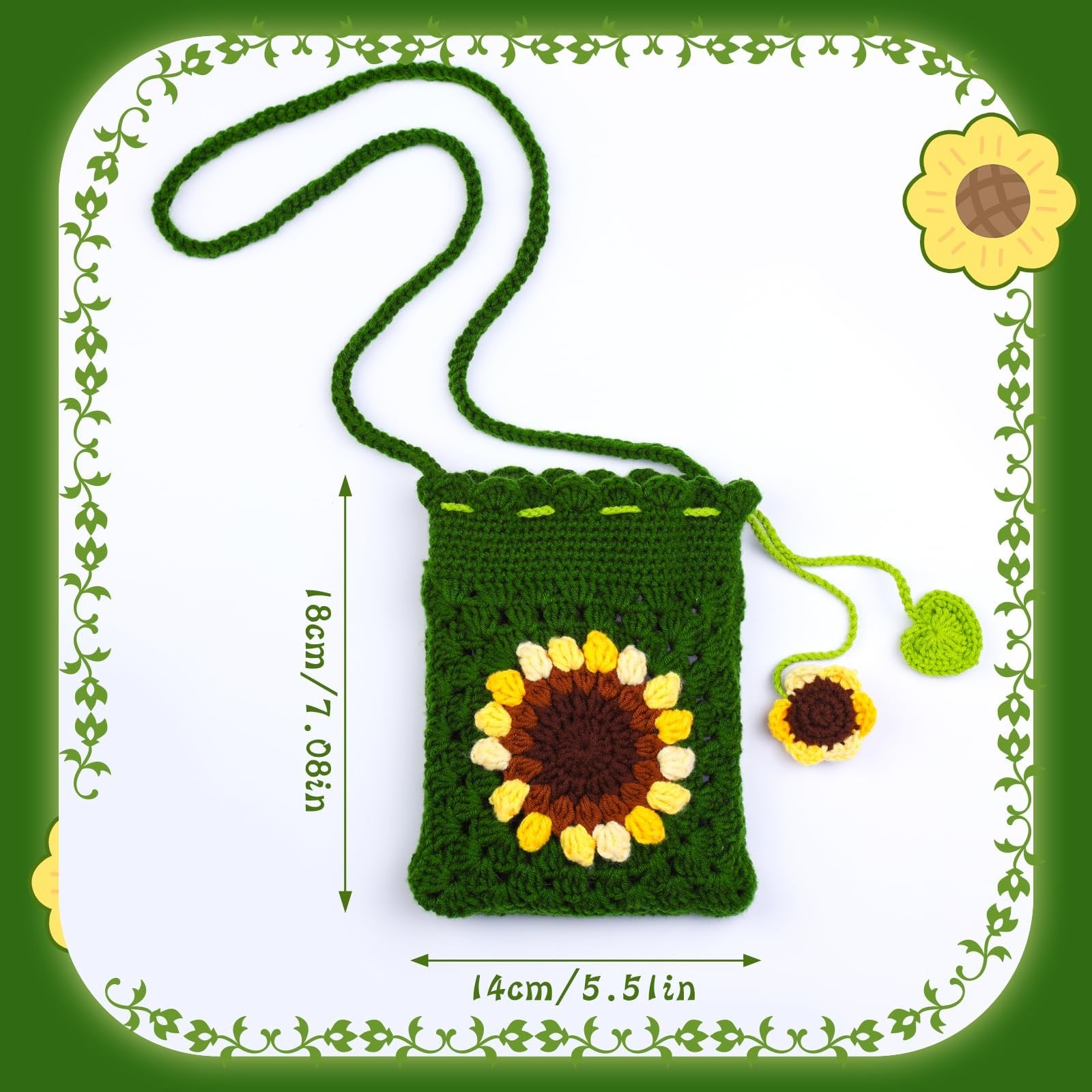 Crocheted green sunflower phone bag with strap, showing dimensions 18cm/7.08in and 14cm/5.51in.