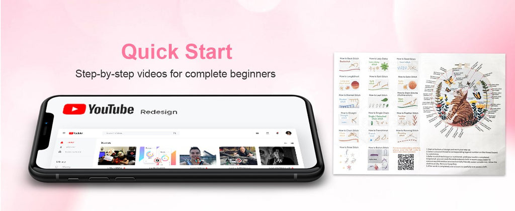 Smartphone displaying YouTube with embroidery stitch diagrams and a cat pattern on a pink background.