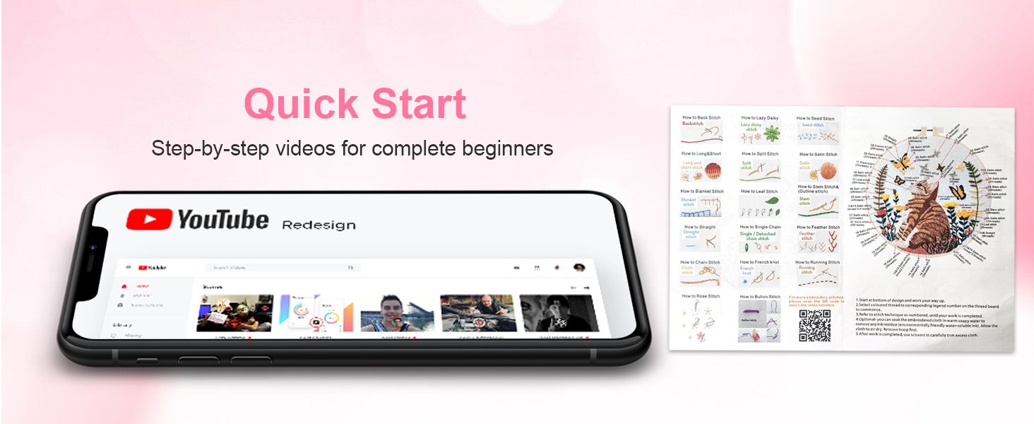 Smartphone displaying YouTube with embroidery stitch diagrams and a cat pattern on a pink background.