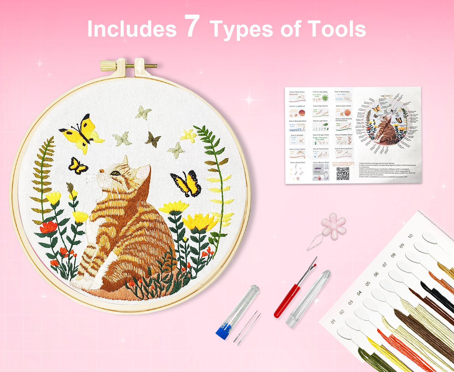 Embroidery kit with stamped cat pattern, hoop, threads, needles, and instructions. Includes 7 types of tools.