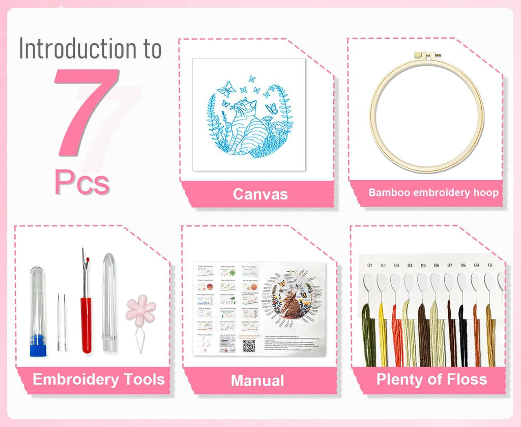 Embroidery kit contents including canvas with cat pattern, hoop, tools, manual, and floss.