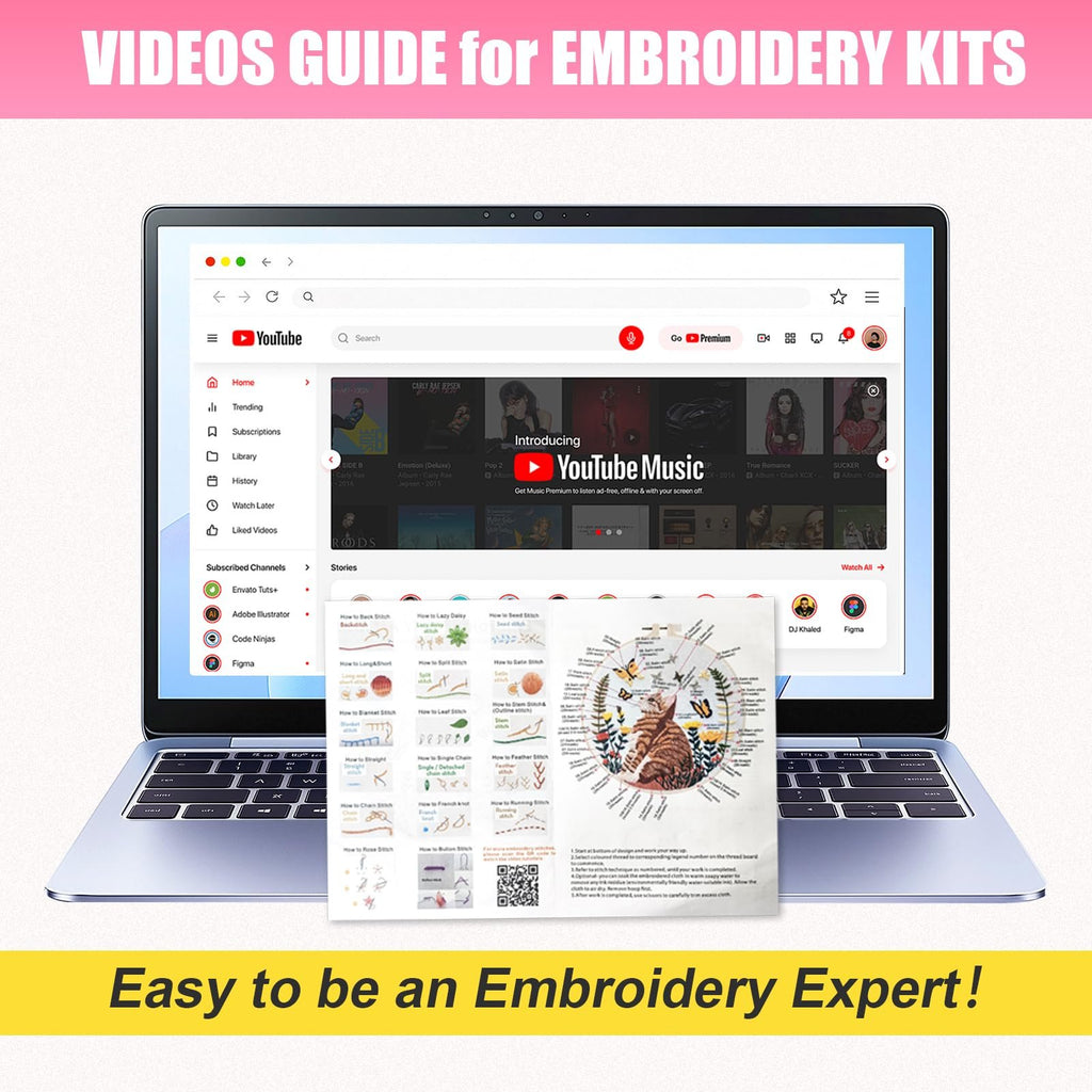 Laptop displaying YouTube with an embroidery pattern guide showing a cat and various stitches.