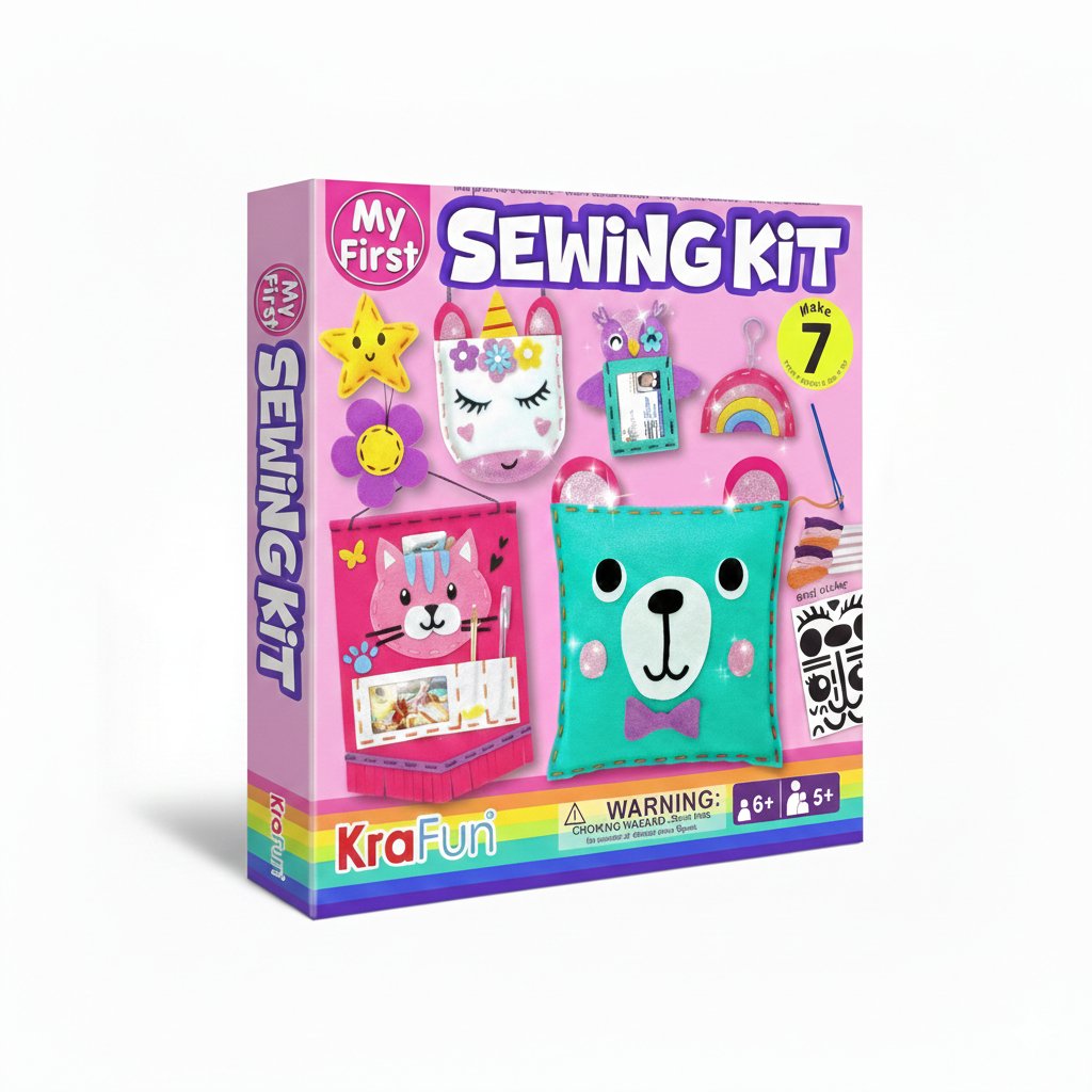 Beginner sewing kit box showing various plush animal projects like a cat, bear, unicorn, and owl, with instructions and materials.