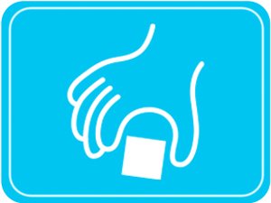 Icon of a hand holding a small square object against a bright blue background with a white border.