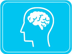 Outline of a human head with a brain inside, on a blue background with rounded corners.
