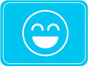 Blue rounded rectangle with a white outline of a smiling emoji face